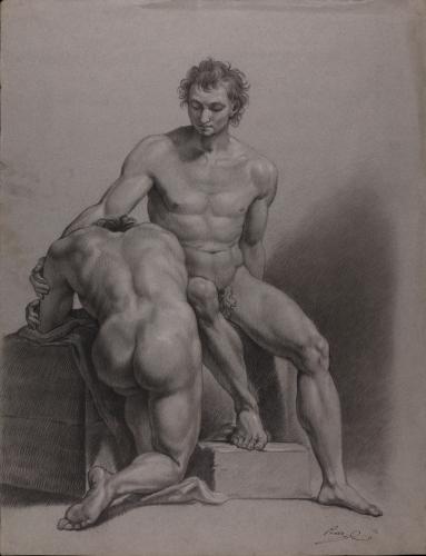 Estudio de dos modelos masculinos desnudos, uno sentado y otro arrodillado de espaldas