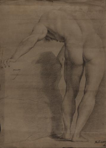 Estudio de modelo masculino desnudo espaldas inclinado hacia delante