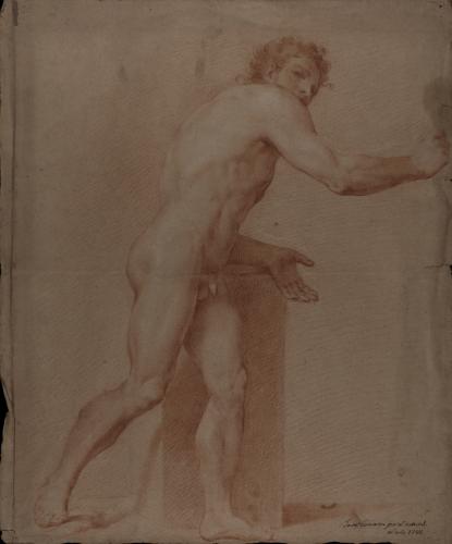 Estudio de modelo masculino desnudo de pie de perfil en movimiento