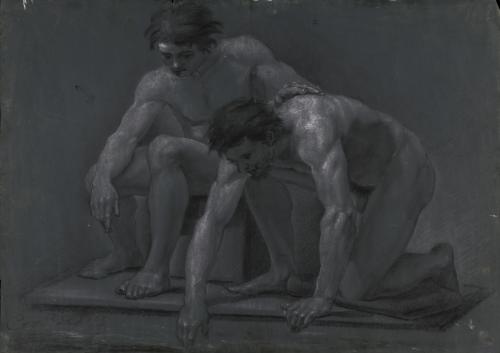 Estudio de dos modelos masculinos desnudos uno sentado y otro arrodillado