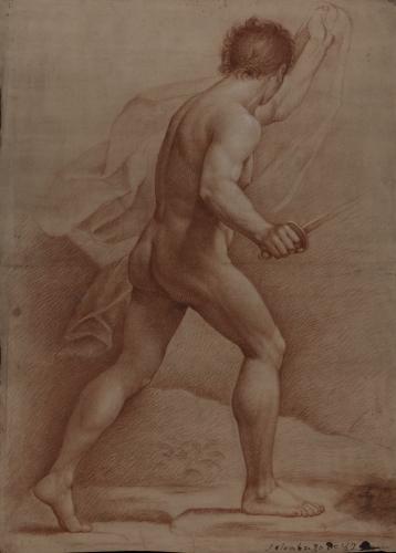 Estudio de modelo masculino desnudo de espaldas con paño y espada