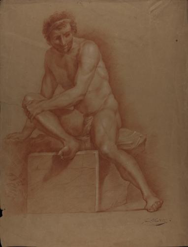 Estudio de modelo masculino desnudo sentado con la mano izquierda sobre la rodilla derecha