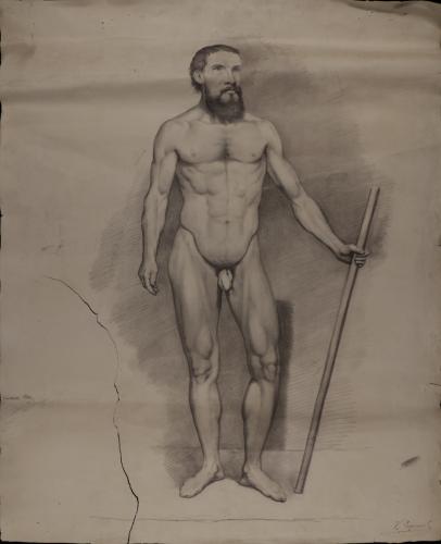 Estudio de modelo masculino desnudo con vara en la mano izquierda