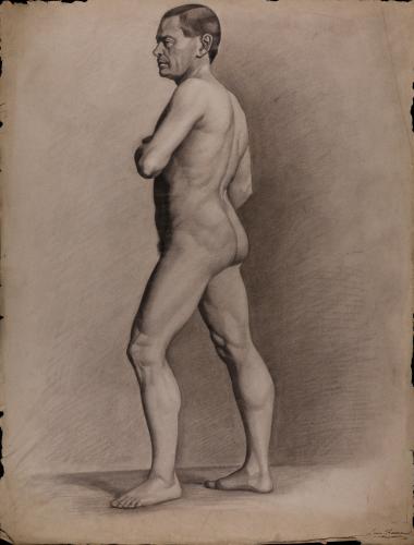 Estudio de modelo masculino desnudo de pie de perfil, con la pierna izquierda adelantada
