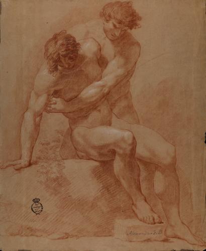 Estudio de dos modelos masculinos desnudos, uno sentado desfallecido y el otro sujetándolo por el pecho