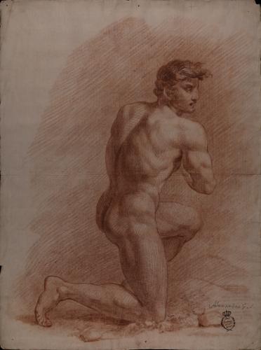 Estudio de modelo masculino desnudo de perfil hacia la derecha semiarrodillado