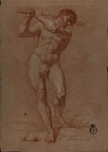 Estudio de modelo masculino desnudo (Hércules) en acción de golpear con la clava