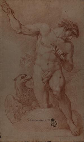 Estudio de modelo masculino desnudo con haces de rayos en las manos (Zeus/Júpiter) con el águila
