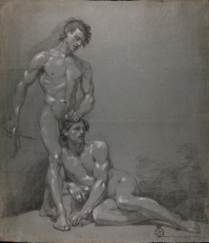 Estudio de dos modelos masculinos desnudos, uno de pie y otro tumbado en actitud de degollarle