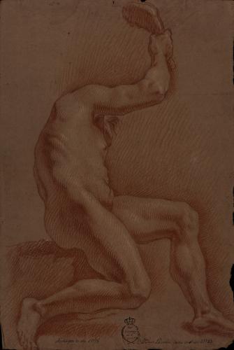 Estudio de modelo masculino desnudo sentado de perfil hacia la izquierda con el brazo derecho alzado