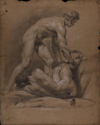 Estudio de dos modelos masculinos desnudos, uno tendido y el otro reclinado cogiéndole por los pies