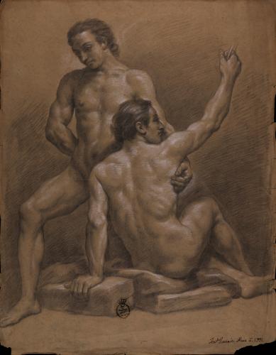 Estudio de dos modelos masculinos desnudos, uno sentado de espaldas y otro arrodillado