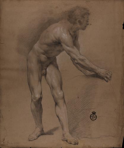Estudio de modelo masculino desnudo inclinado hacia la izquierda que agarra con las manos una roca