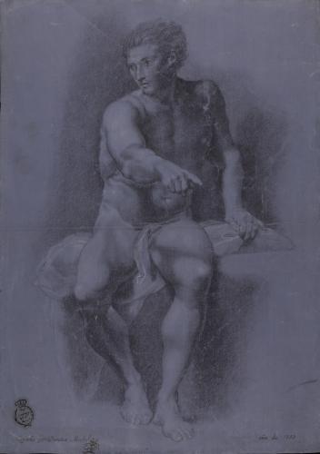 Estudio de modelo masculino desnudo sentado con el brazo derecho extendido
