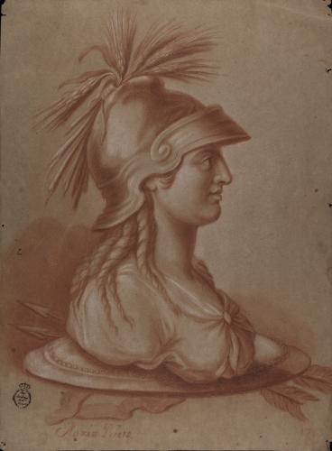Busto de mujer de perfil con casco sobre un escudo y flechas