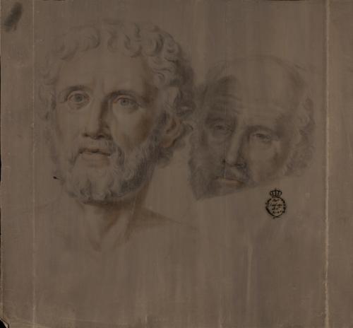 Estudio de dos cabezas masculinas de frente con la mirada hacia la derecha