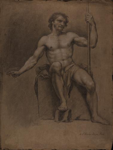 Estudio de modelo masculino desnudo sentado de frente con vara