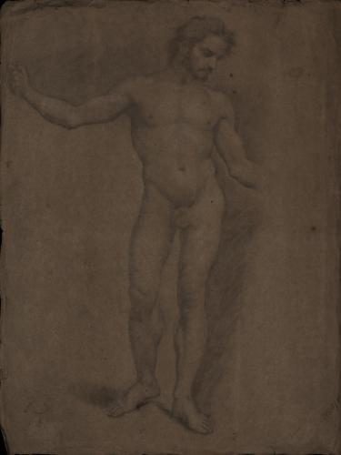 Estudio de modelo masculino desnudo de pie con la cabeza inclinada hacia la izquierda y el brazo derecho extendido