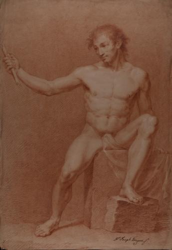 Estudio de modelo masculino desnudo sentado de frente con la cabeza inclinada hacia la derecha y el brazo derecho extendido con una vara