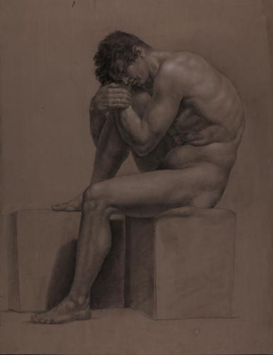 Estudio de modelo masculino desnudo sentado de perfil hacia la derecha