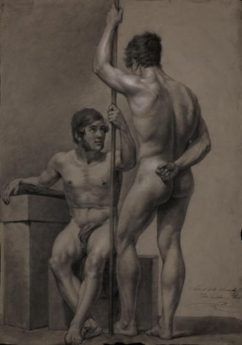 Estudio de modelos masculinos desnudo, uno sentado y el otro de pie de espaldas agarrados a una vara