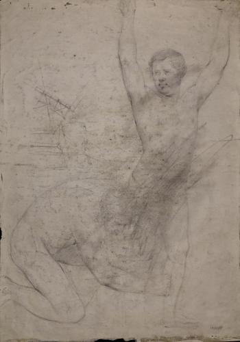 Apunte de dos modelos masculinos desnudos, uno agachado y otros pie con los brazos levantados