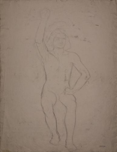 Apunte de modelo masculino desnudo sentado de frente con el brazo derecho lenantado