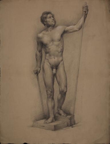 Estudio de modelo masculino desnudo de pie con vara y bastón