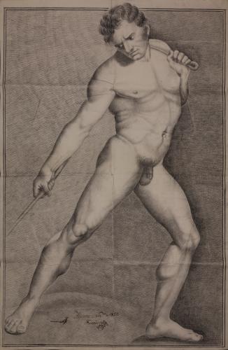 Estudio de modelo masculino desnudo tirando de una cuerda