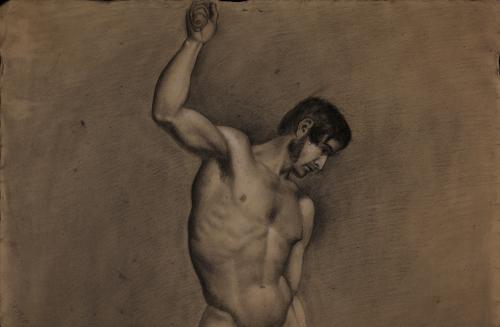Estudio parcial de moldeo masculino desnudo con el brazo derecho levantado