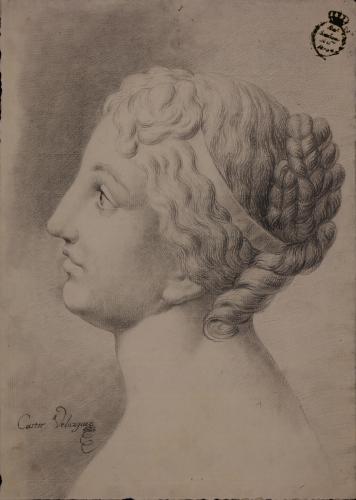Estudio de cabeza femenina de perfil hacia la izquierda con cinta y el pelo recogido
