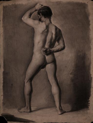 Estudio de modelos masculino desnudo con un el brazo izquierdo sobre la cabeza y el derecha en la espalda