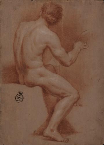Estudio de modelo masculino desnudosentado de espaldas