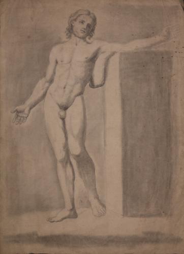 Estudio de modelo masculino desnudo posando como el Apolo de Belvedere