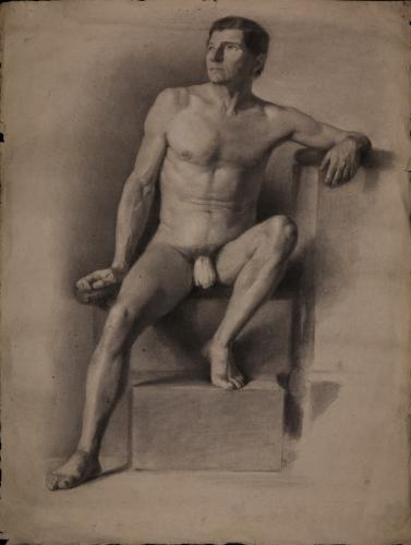 Estudio de modelo masculino desnudo sentado de frente con la cabeza girada a la derecha