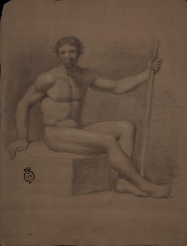 Estudio de modelo masculino desnudo sentado de perfil hacia la izquierda con vara en la mano izquierda