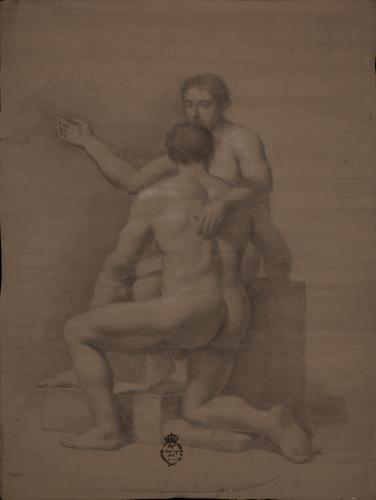 Estudio de dos modelos masculinos desnudos, uno sentado y el otro arrodillado