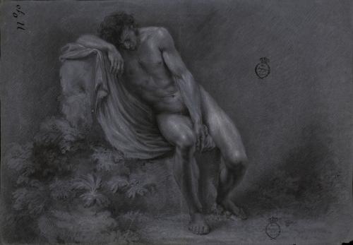 Estudio de modelo masculino desnudo sentado y reclinado