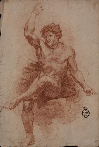 Estudio de modelo masculino desnudo sentado de tres cuartos con las piernas cruzadas