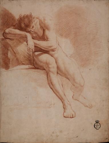 Estudio de modelo masculino desnudo sentado y reclinado sobre su brazo  derecho