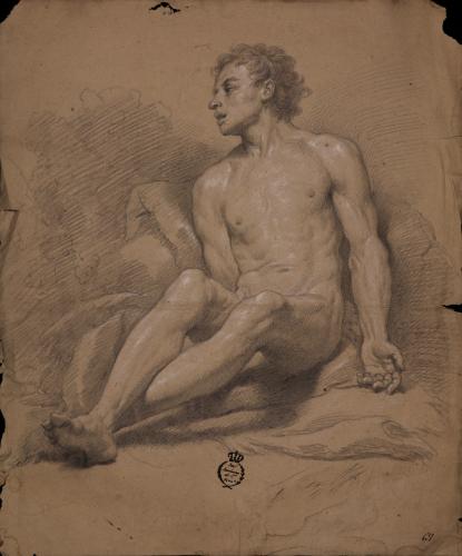 Estudio de modelo masculino desnudo sentado de tres cuartos hacia la izquierda