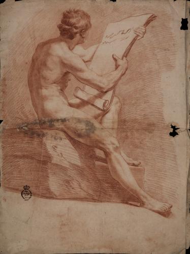 Estudio de modelo masculino desnudo sentado de perfil hacia la izquierda con una epístola