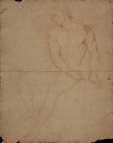 Estudio de modelo masculino desnudo sentado hacia la derecha
