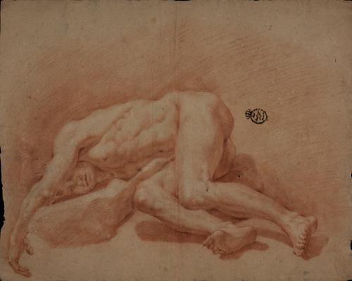 Estudio de modelo masculino desnudo tumbado hacia la derecha