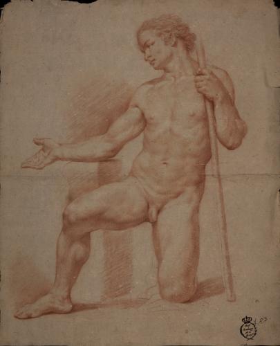 Estudio de modelo masculino desnudo arrodillado con vara a la derecha