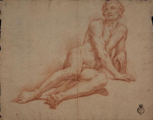 Estudio de modelo masculino desnudo recostado de izquierda a derecha