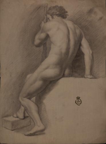 Estudio de moldeo masculino desnudo sentado de espaldas con vara hacia la derecha