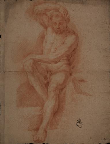 Estudio de modelo masculino desnudo de frente con la mano derecha sobre la cabeza y la izquierda sobre la rodilla