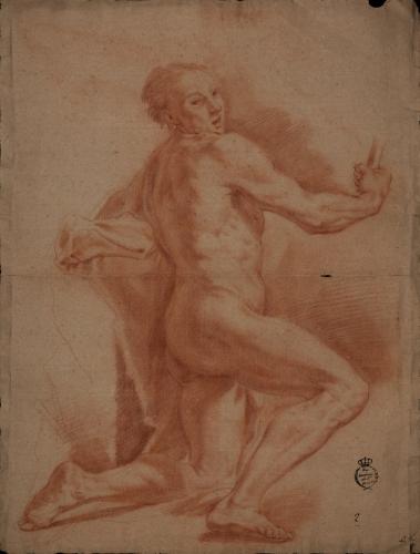 Estudio de modelo masculino desnudo arrodillado hacia la izquierda