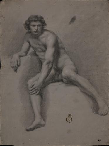 Estudio de modelo masculino desnudo sentado de frente apoyado en su brazo derecho